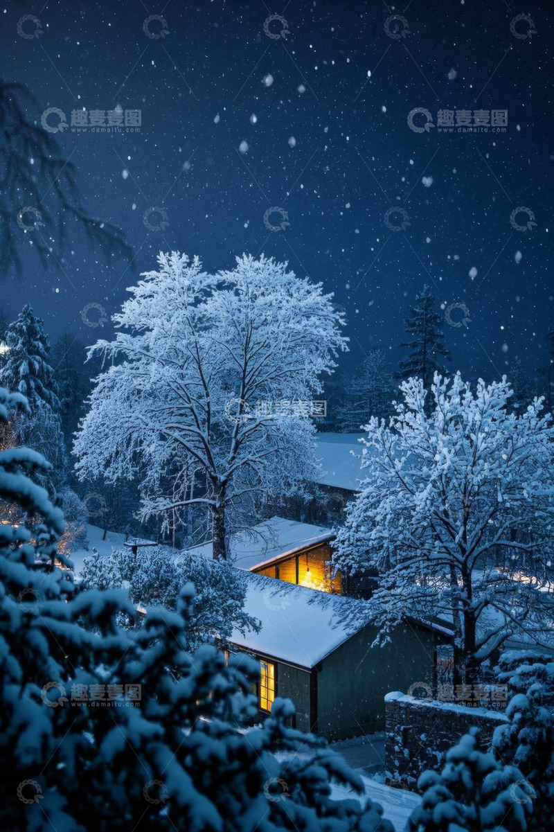 高清大图下载【趣麦麦图】雪夜中的林间小屋景观