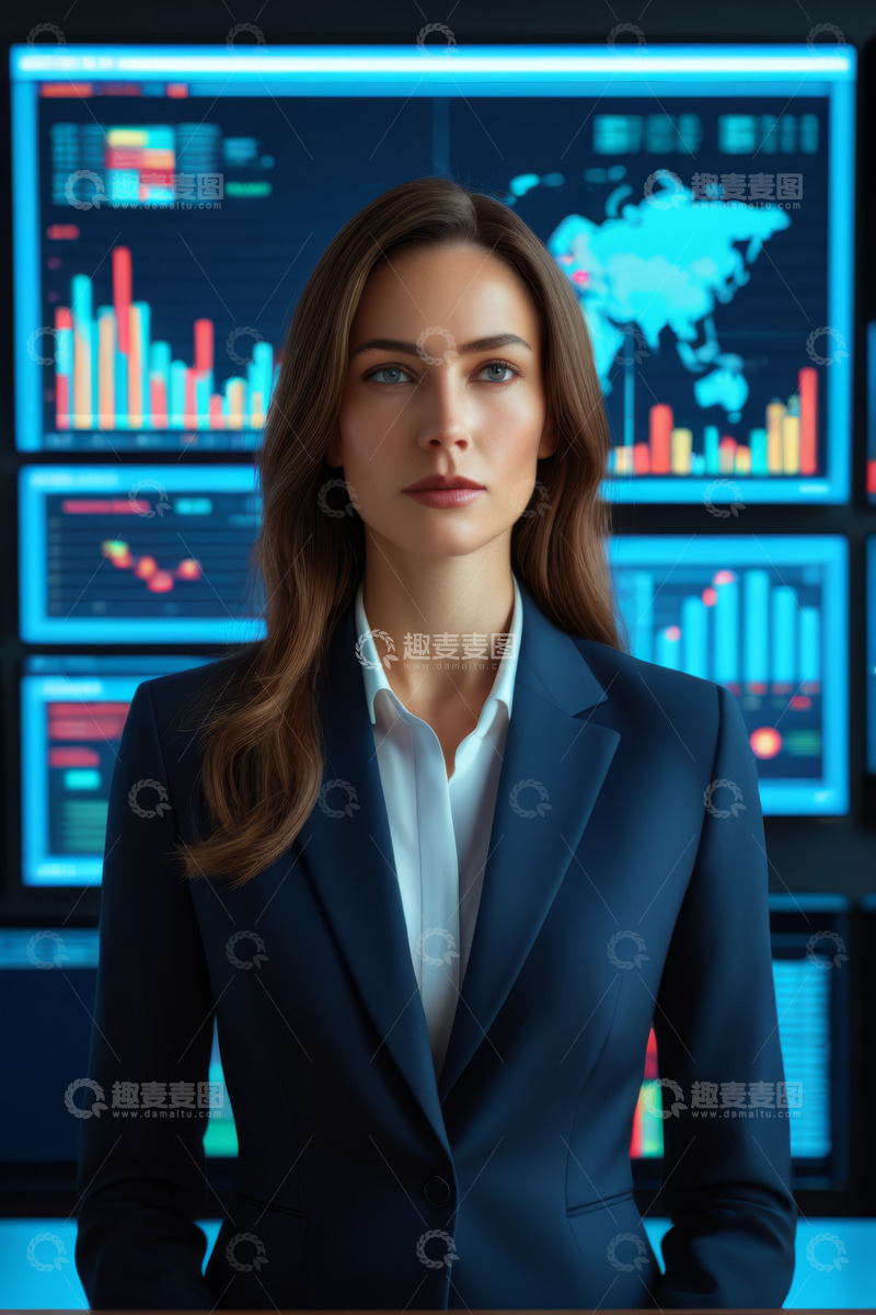 高清大图下载【趣麦麦图】女商人站在数据图表屏幕前