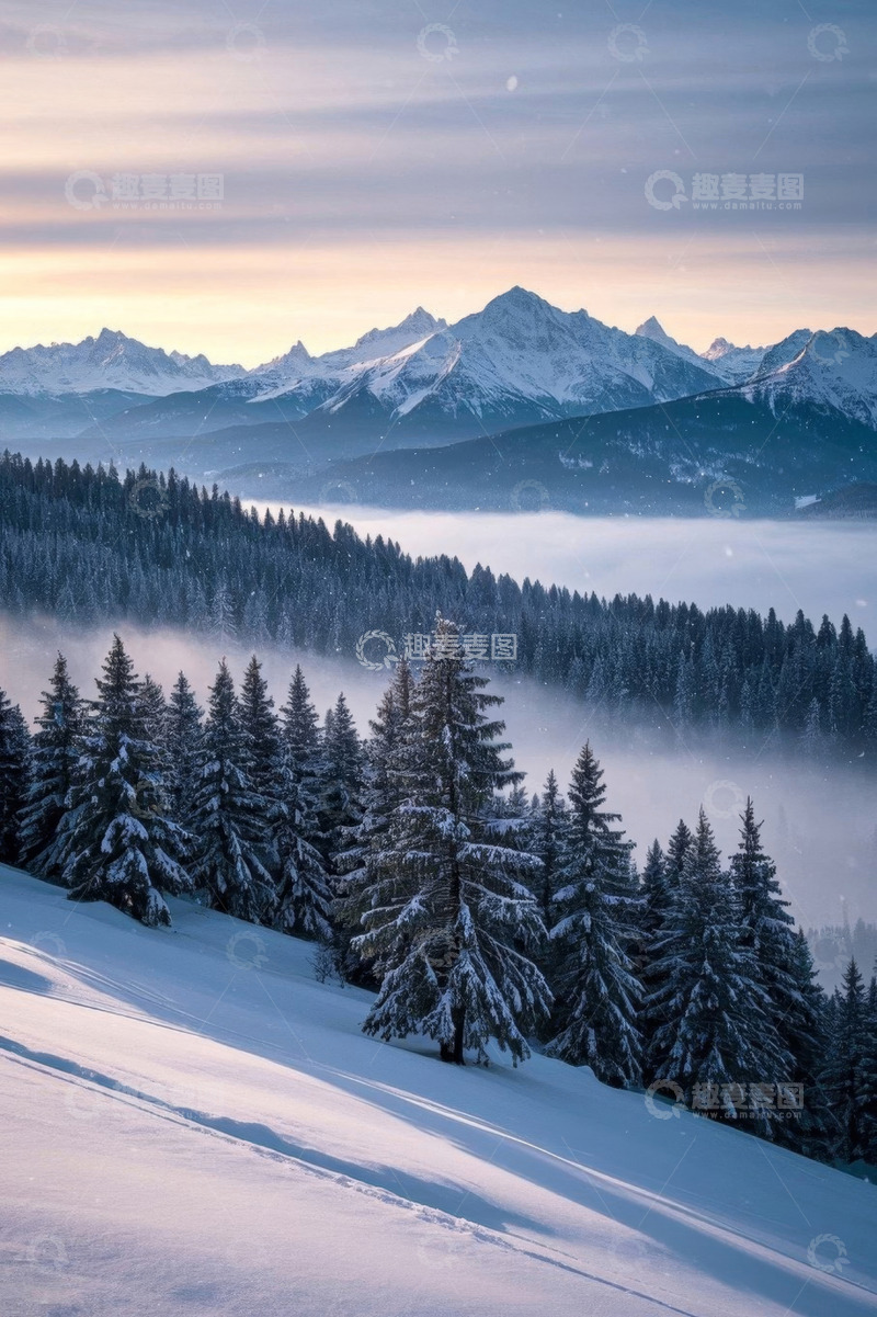 高清大图下载【趣麦麦图】雪覆山林与远山的自然景观