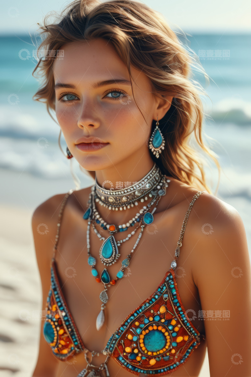 高清大图下载【趣麦麦图】海滩边戴首饰的年轻女子