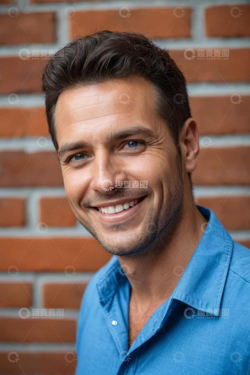 高清大图下载【趣麦麦图】微笑男人砖墙背景肖像