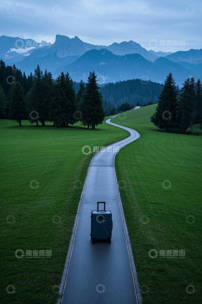 高清大图下载【趣麦麦图】草地上道路上的旅行行李箱