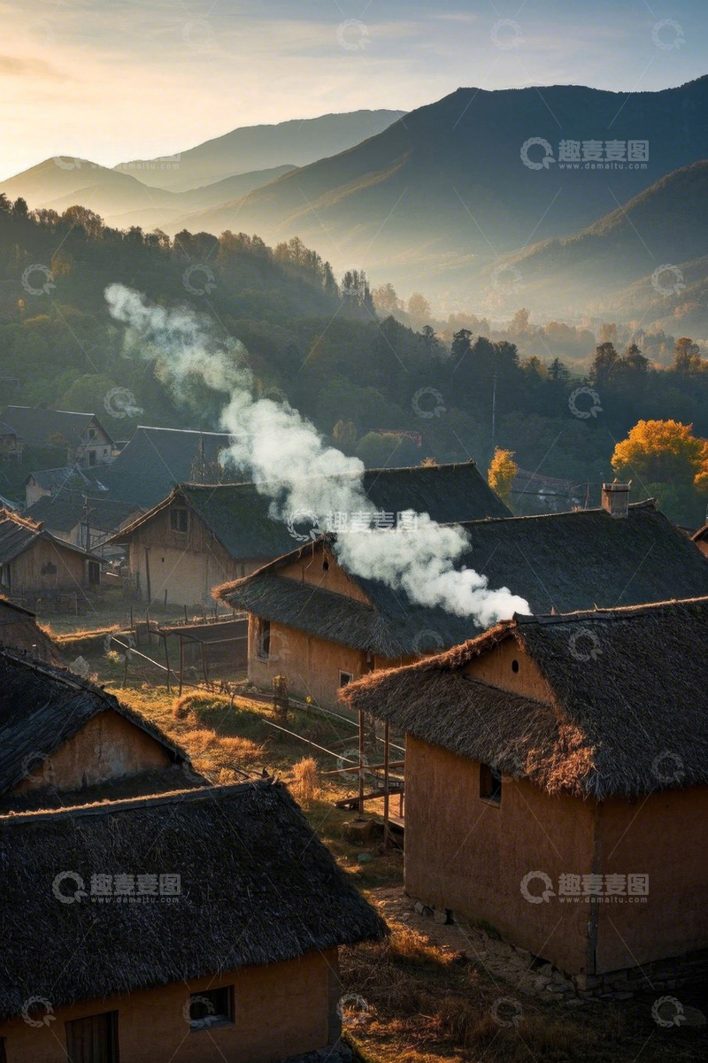 高清大图下载【趣麦麦图】山间乡村日出炊烟景象