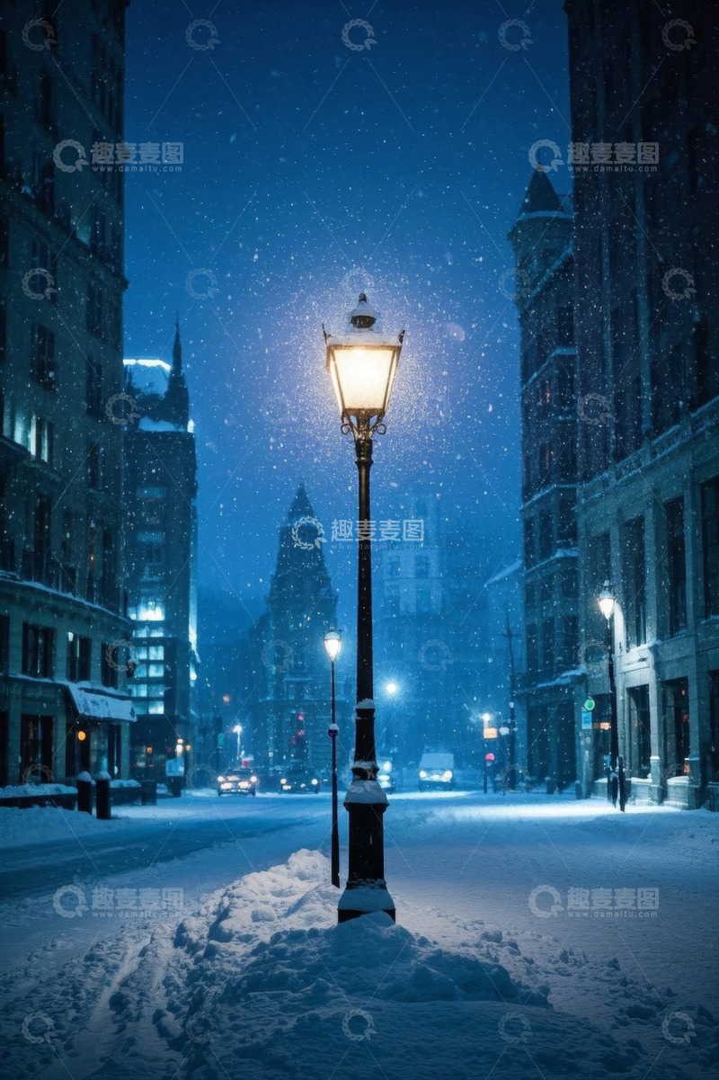 高清大图下载【趣麦麦图】雪夜城市街道的路灯景象