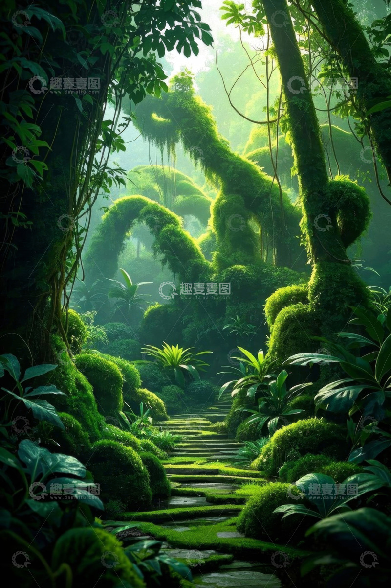 高清大图下载【趣麦麦图】神秘绿色森林中的石板小径