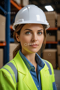 仓库女工人戴安全帽特写