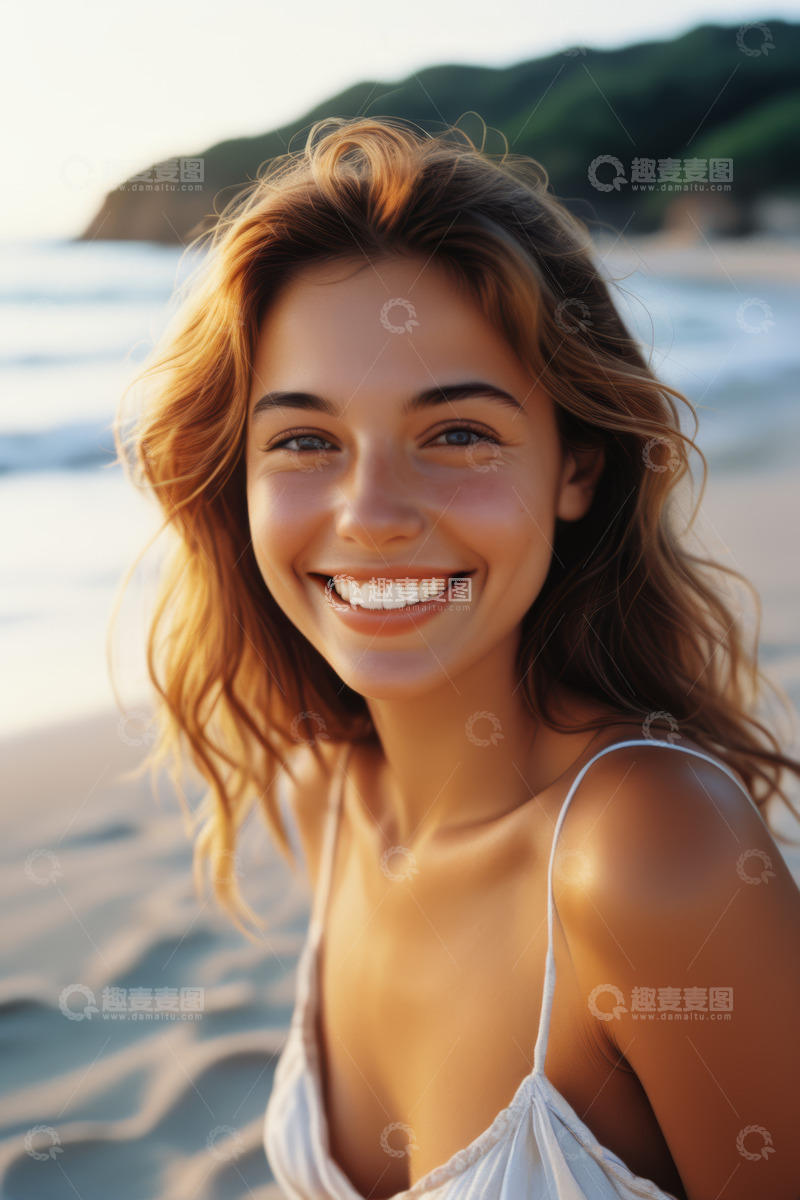 高清大图下载【趣麦麦图】海滩上微笑的年轻女孩