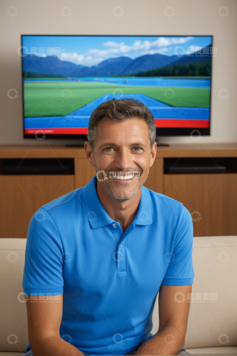 高清大图下载【趣麦麦图】男子客厅沙发前微笑看电视
