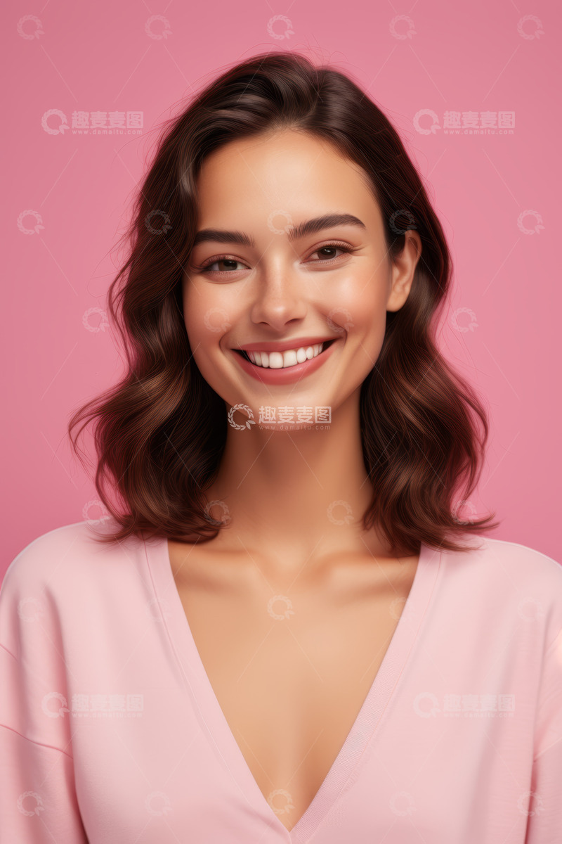 高清大图下载【趣麦麦图】微笑女性粉色背景肖像