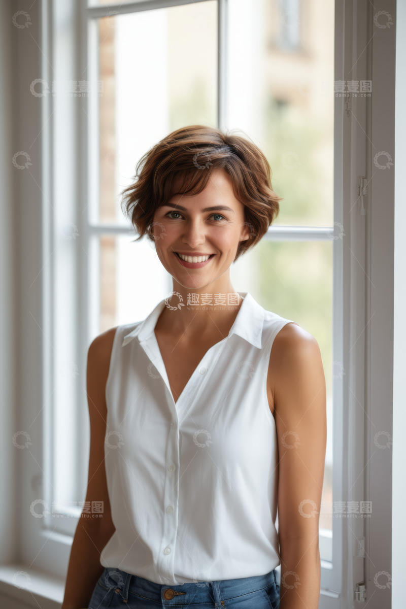 高清大图下载【趣麦麦图】窗边微笑女子肖像