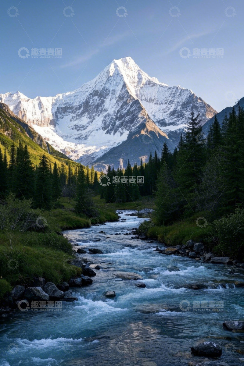 高清大图下载【趣麦麦图】雪山下流淌的山间河流