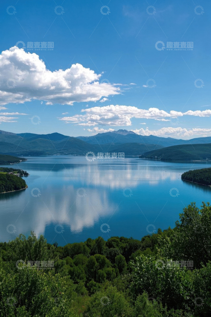 高清大图下载【趣麦麦图】宁静湖泊与远处山峦景观