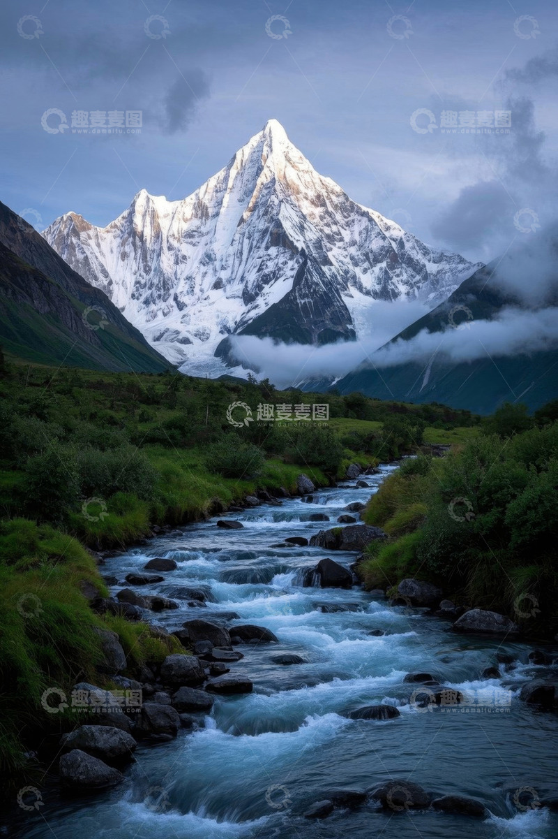 高清大图下载【趣麦麦图】雪山下流淌的山间溪流