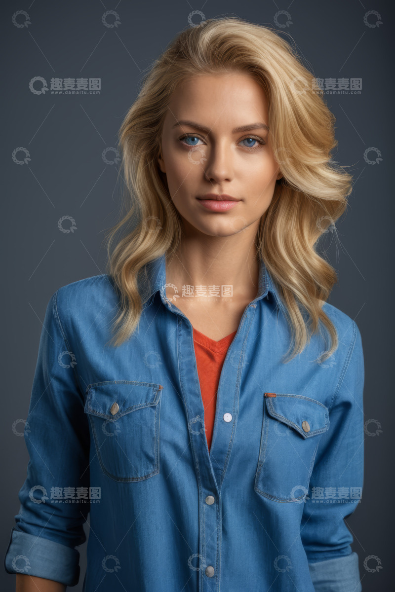 高清大图下载【趣麦麦图】金发女子牛仔衬衫肖像