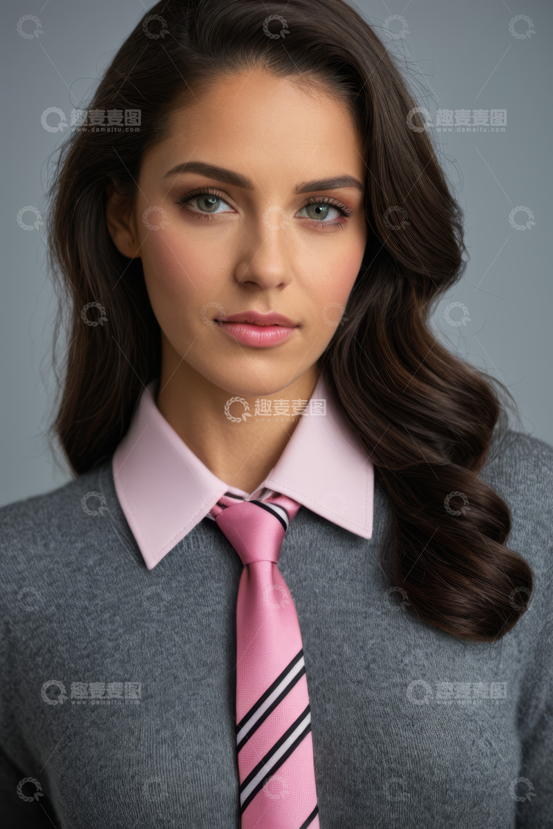 高清大图下载【趣麦麦图】年轻女子穿着毛衣系粉色领带