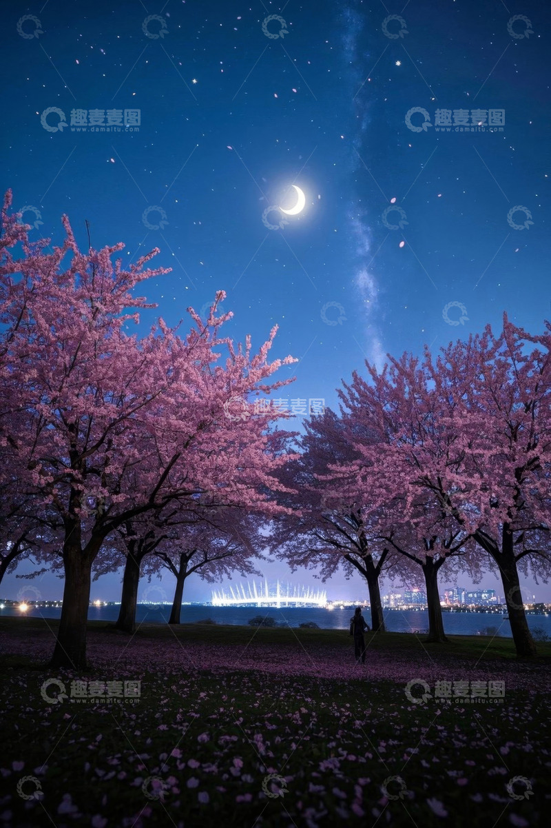 高清大图下载【趣麦麦图】月夜下赏樱的人及城市远景