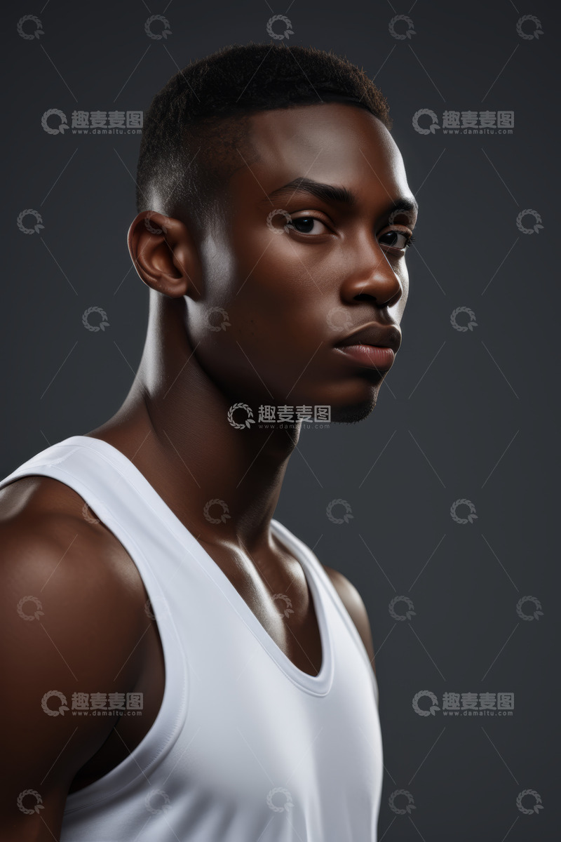 高清大图下载【趣麦麦图】黑人男子白色背心肖像特写