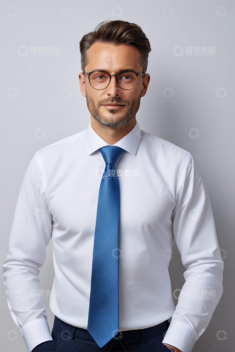 高清大图下载【趣麦麦图】商务男士白衬衫配蓝色领带