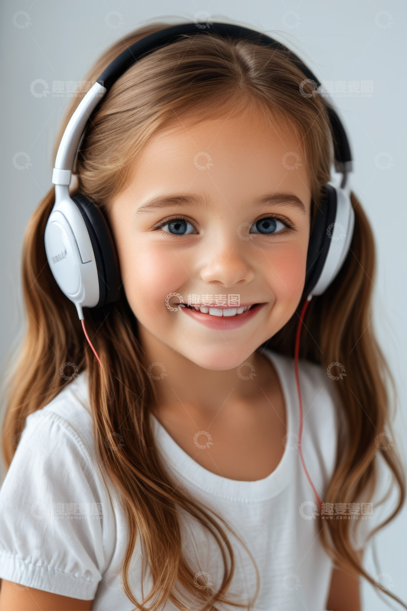 高清大图下载【趣麦麦图】戴耳机微笑的小女孩