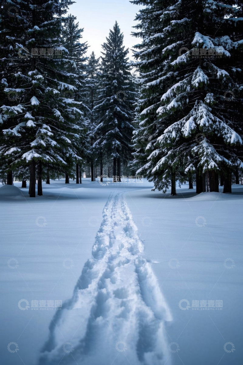 高清大图下载【趣麦麦图】雪地林间的足迹景象