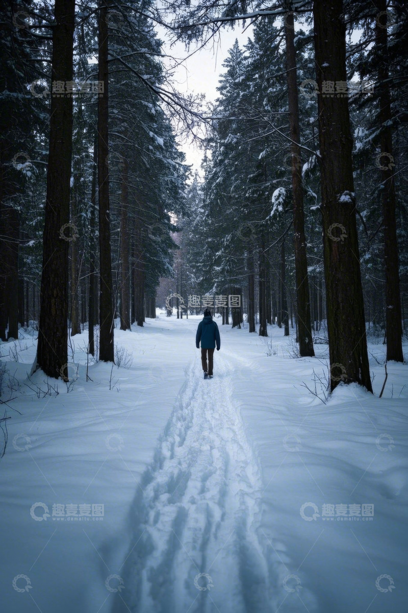 高清大图下载【趣麦麦图】人在雪覆森林中独自行走