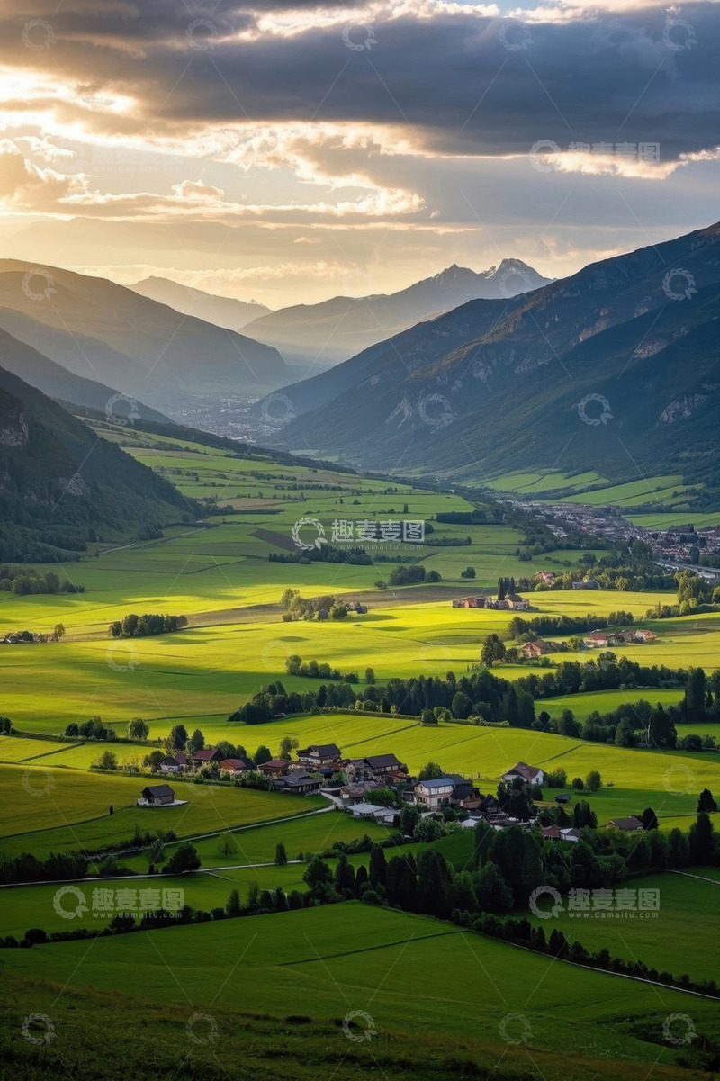 高清大图下载【趣麦麦图】山谷间田园风光全景