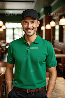 餐厅内穿绿衣微笑男士形象