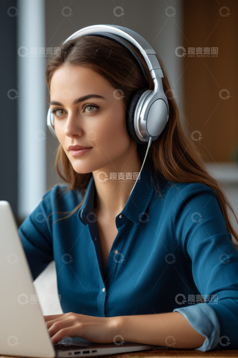 戴耳机工作的女性
