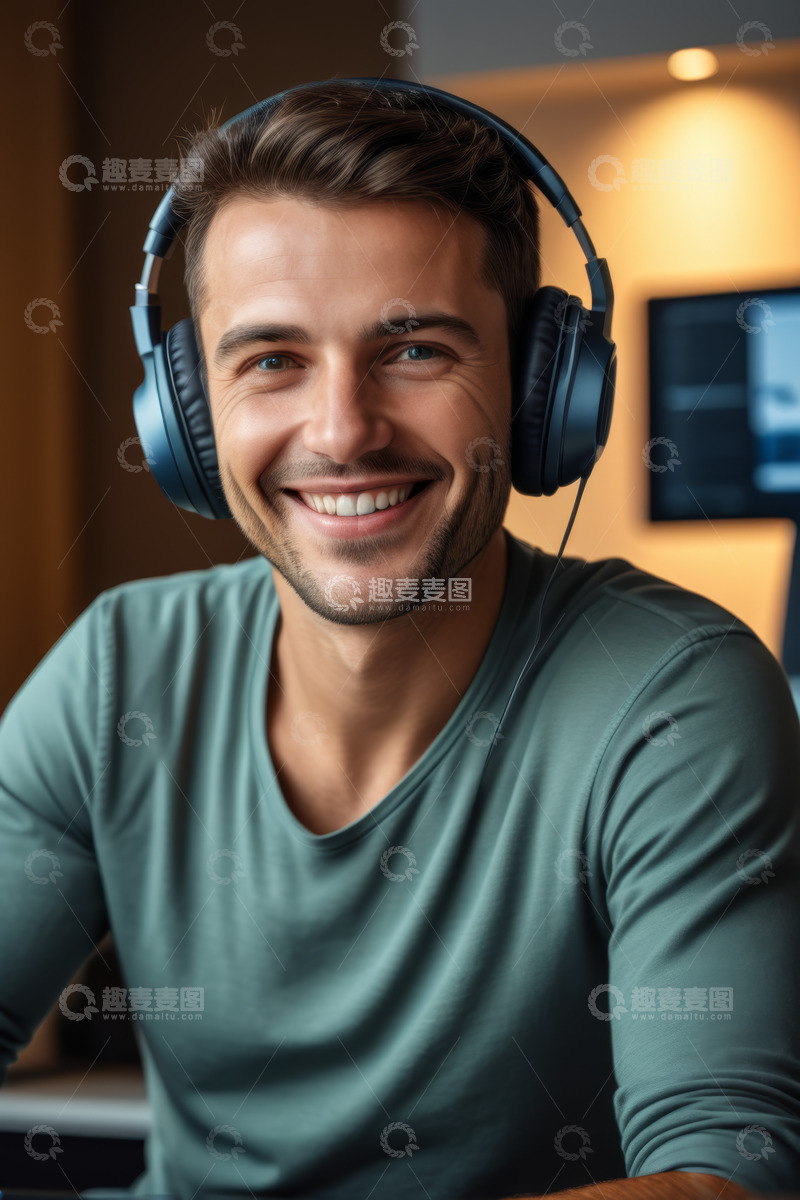 高清大图下载【趣麦麦图】戴耳机微笑的休闲男士