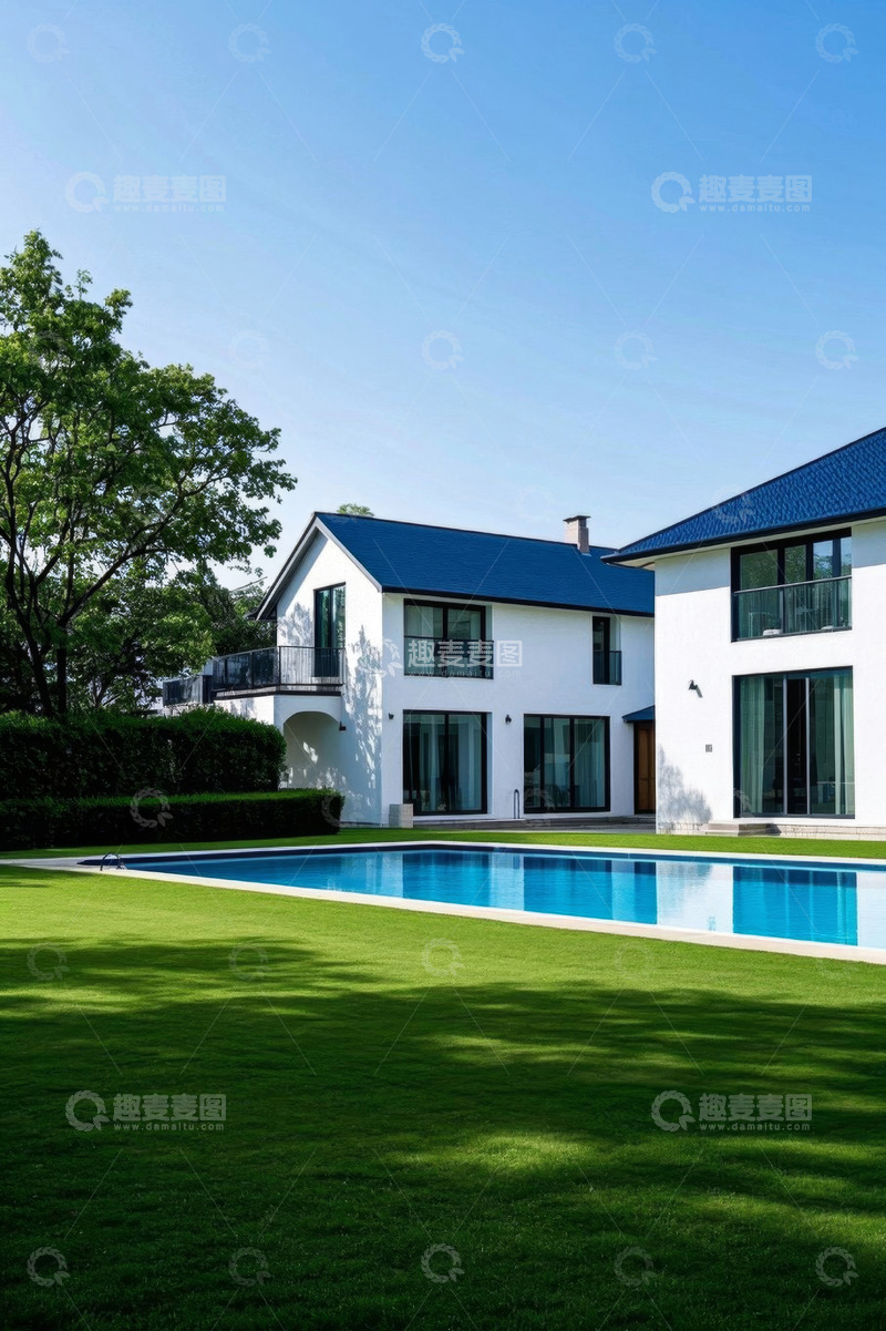 高清大图下载【趣麦麦图】现代住宅带泳池与草坪景观