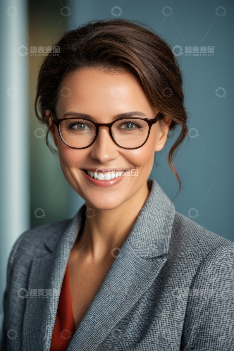 高清大图下载【趣麦麦图】微笑戴眼镜的女商人肖像