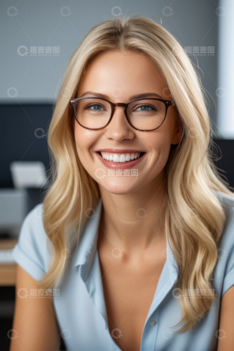 高清大图下载【趣麦麦图】戴眼镜微笑的金发女子