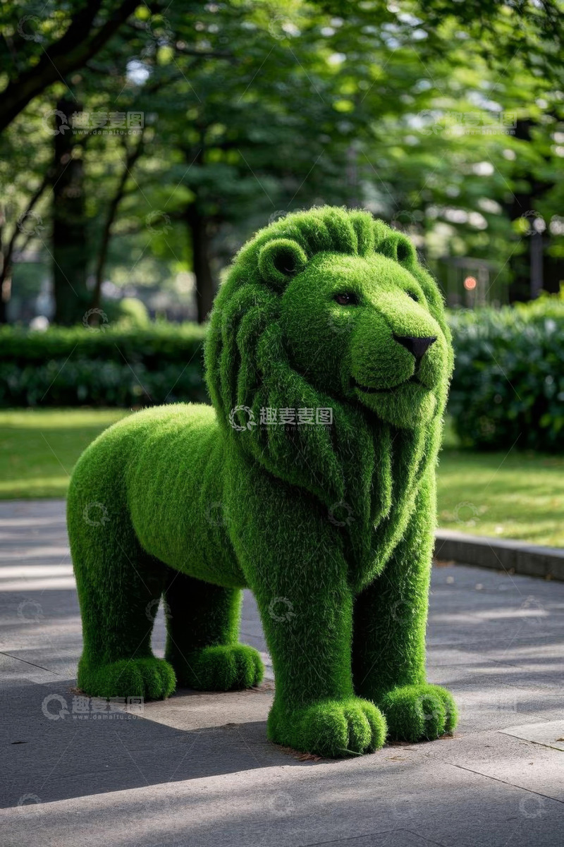 高清大图下载【趣麦麦图】公园中的绿色狮子植物雕塑