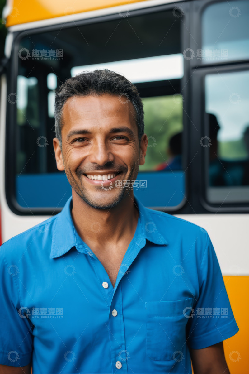 高清大图下载【趣麦麦图】男子站在巴士前微笑