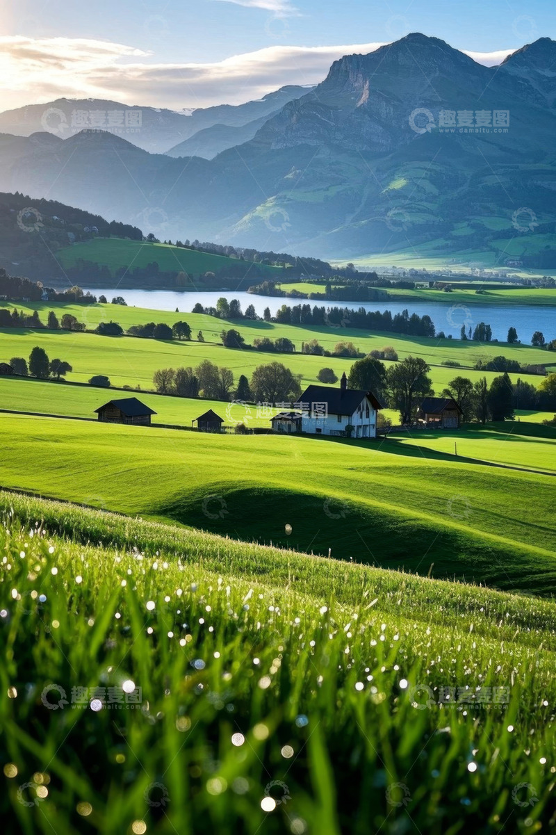 高清大图下载【趣麦麦图】山间湖畔绿色田园风光