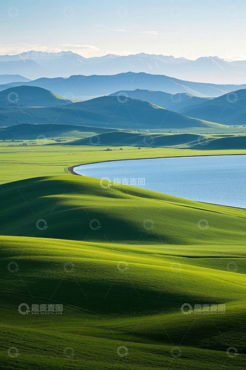 高清大图下载【趣麦麦图】草原湖泊与远山自然风光