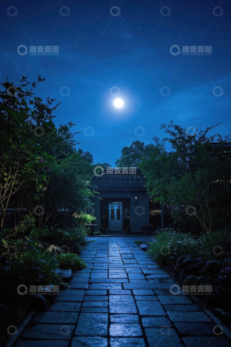 高清大图下载【趣麦麦图】月夜下的庭院石板路景观