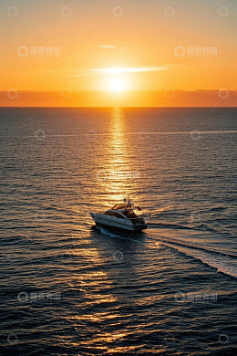 海上游艇夕阳航行画面