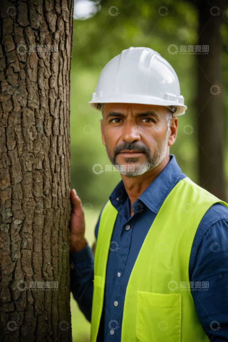 高清大图下载【趣麦麦图】戴安全帽工人依靠树干的场景
