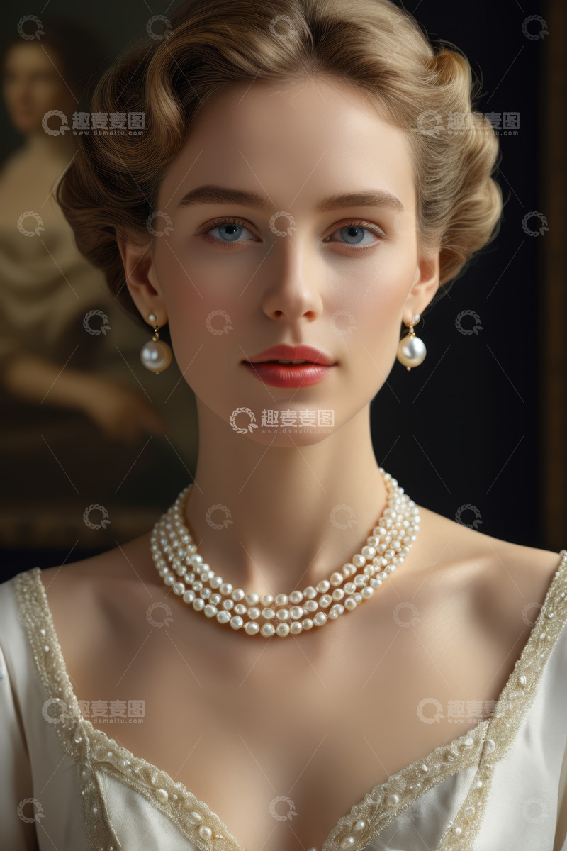 高清大图下载【趣麦麦图】佩戴珍珠首饰的美女肖像