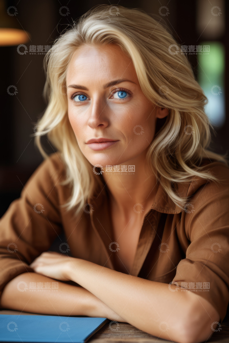 高清大图下载【趣麦麦图】金发女子桌面前肖像