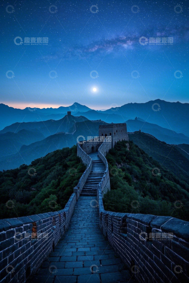 高清大图下载【趣麦麦图】长城月夜星空远景