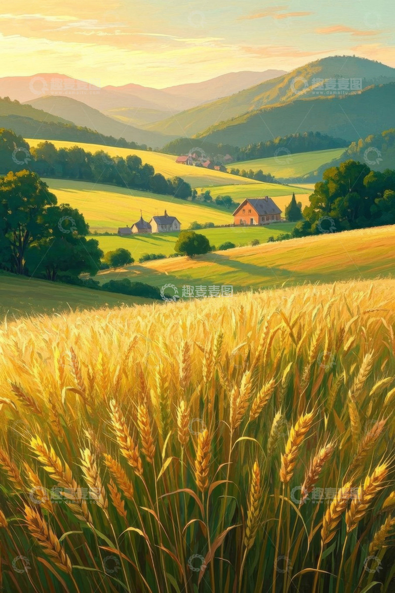 高清大图下载【趣麦麦图】田园麦田与乡村房屋风景