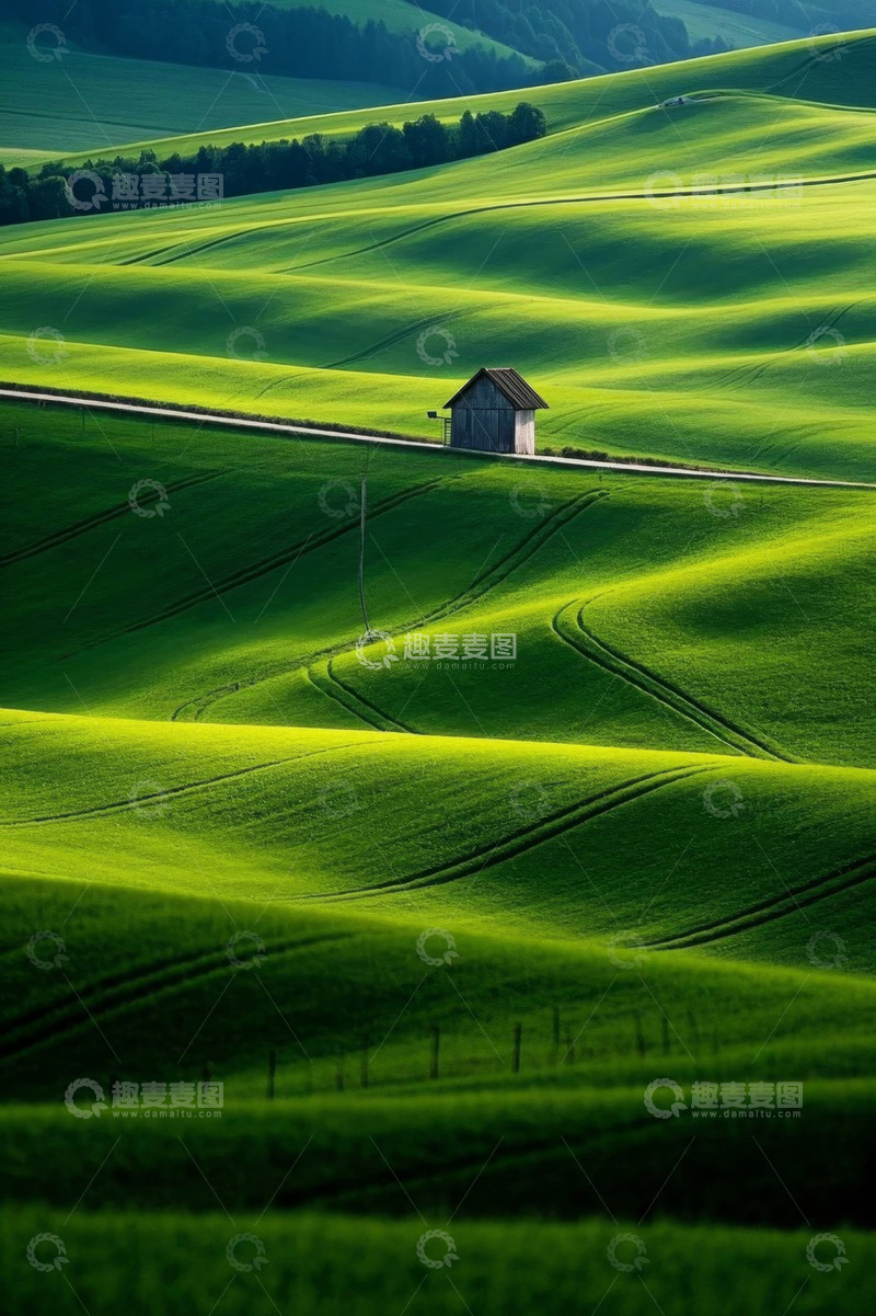 高清大图下载【趣麦麦图】田野中的小屋与绿色田园风光