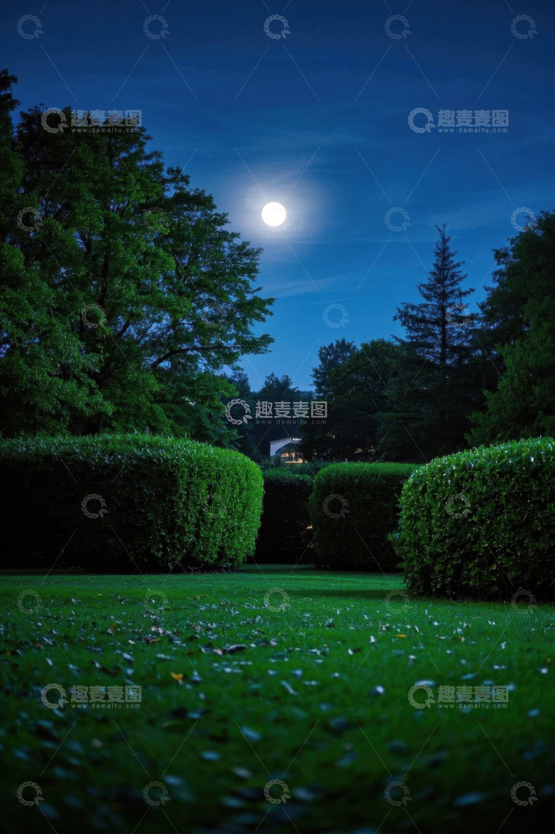 高清大图下载【趣麦麦图】月夜下的草坪与绿植景观