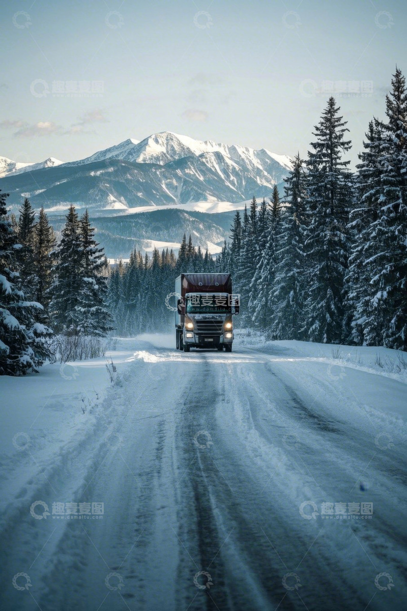 高清大图下载【趣麦麦图】雪路行驶的货运卡车