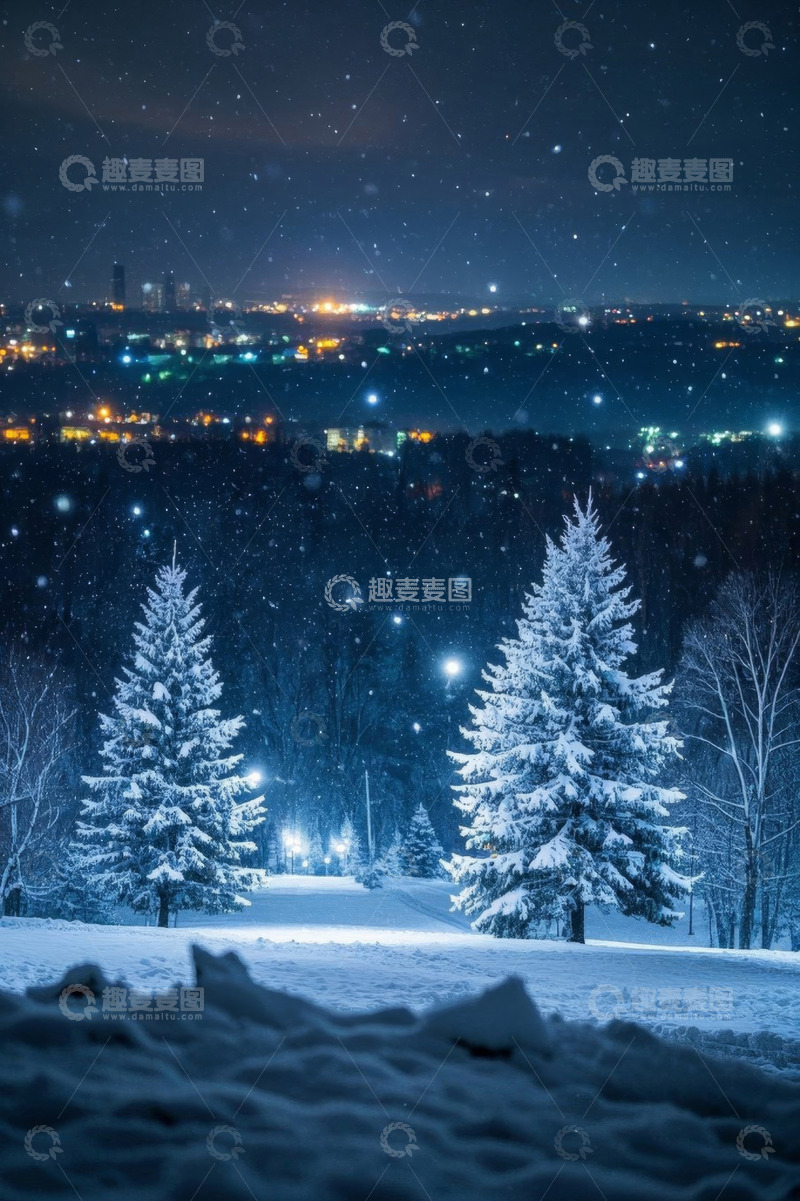 高清大图下载【趣麦麦图】雪夜森林与城市远景