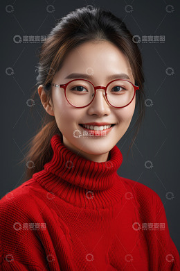 红衣女子戴红框眼镜微笑肖像