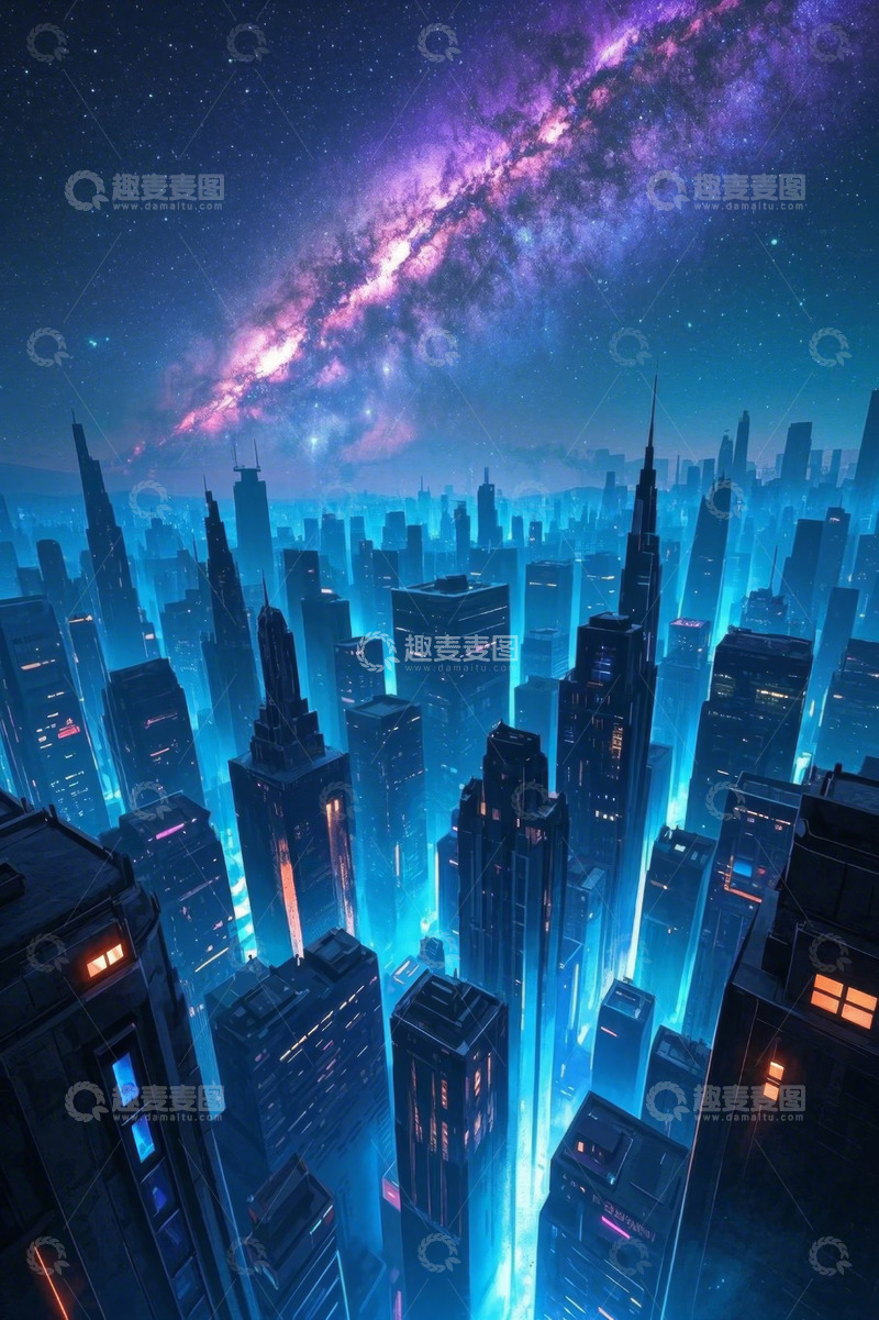 高清大图下载【趣麦麦图】未来感城市夜晚摩天大楼景观