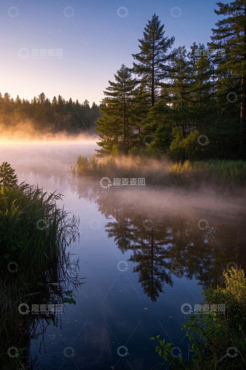 高清大图下载【趣麦麦图】晨雾中的森林湖泊风景